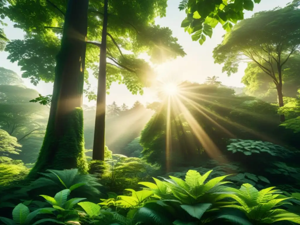 Un bosque exuberante con luz solar filtrándose a través del dosel, resaltando su belleza natural