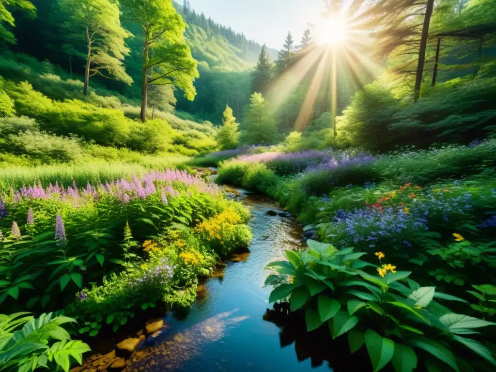 Un bosque exuberante con luz solar filtrándose a través del dosel, creando sombras en el suelo