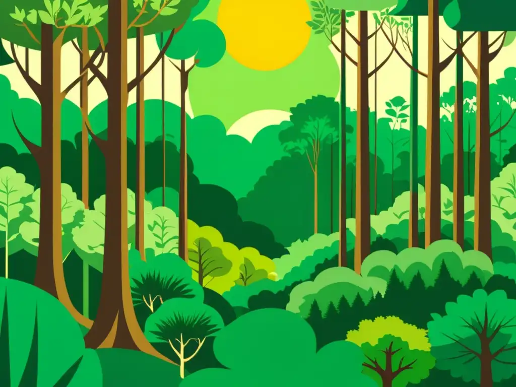 Bosque exuberante con luz solar entre árboles altos y vida silvestre, resaltando la importancia de biopolímeros en la industria papelera