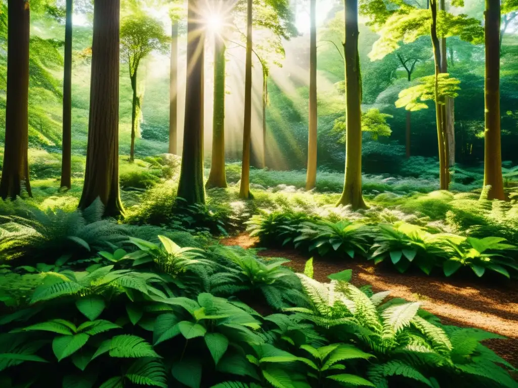 Un bosque exuberante con luz solar filtrándose a través del dosel, creando sombras moteadas en el suelo