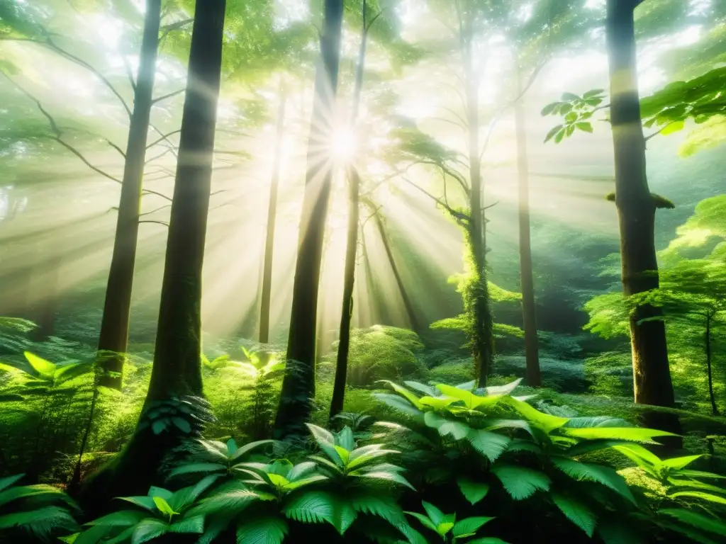 Un bosque exuberante con luz solar filtrándose a través del dosel, evocando tranquilidad y la conexión de la naturaleza