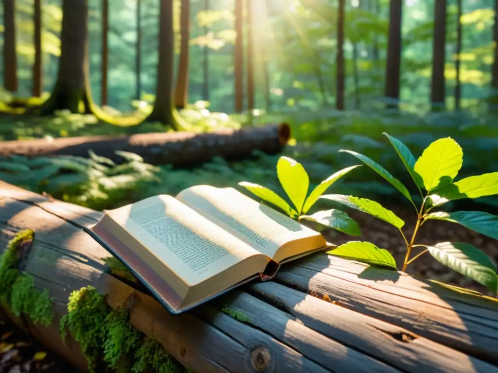 Un bosque exuberante con luz solar filtrándose entre el dosel, creando sombras moteadas