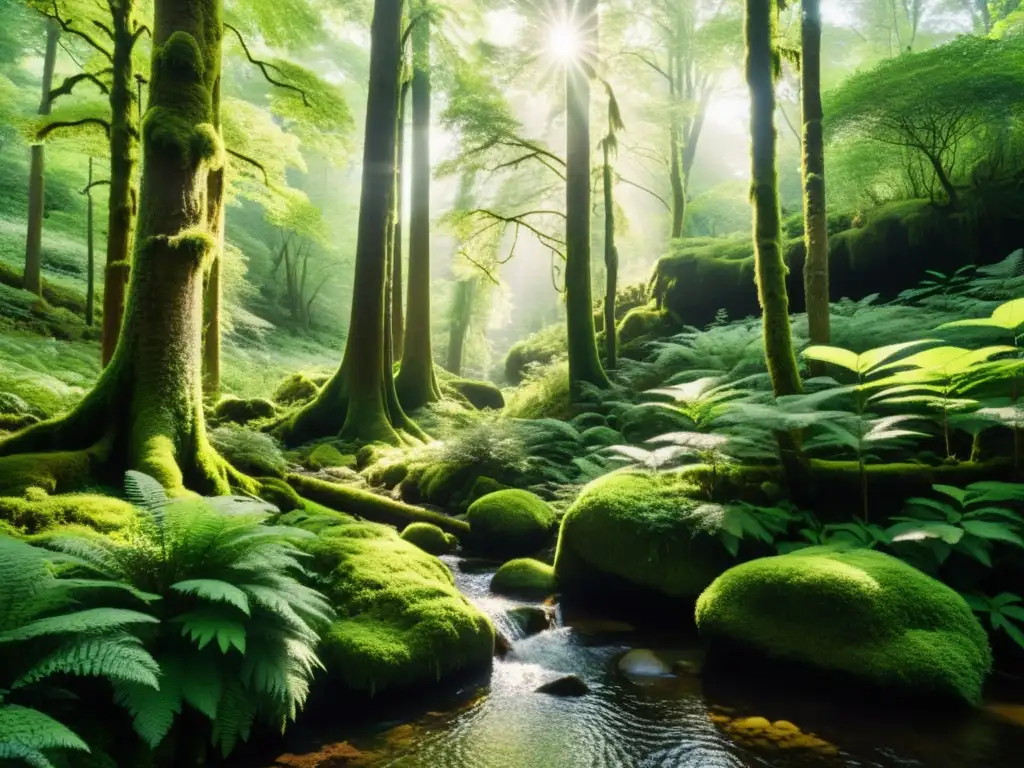 Un bosque exuberante y nostálgico con luz solar entre el dosel, árboles majestuosos y arroyo tranquilo