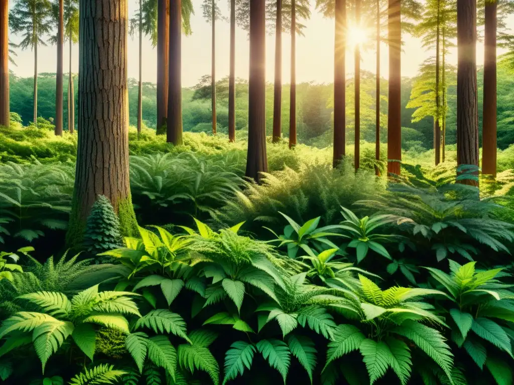 Un bosque exuberante con plantas de fibra no madereras como kenaf, cáñamo y lino, evoca fuentes de fibra no madereras para papel