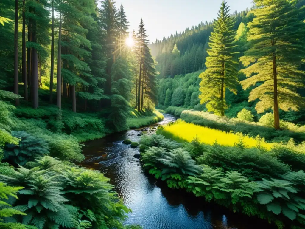 Un bosque exuberante con rayos de sol entre los árboles, destacando la diversa vegetación