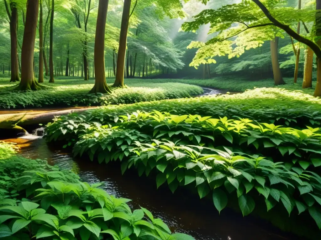 Un bosque exuberante con rayos de sol filtrándose entre el dosel, sombras en la frondosa vegetación y un arroyo