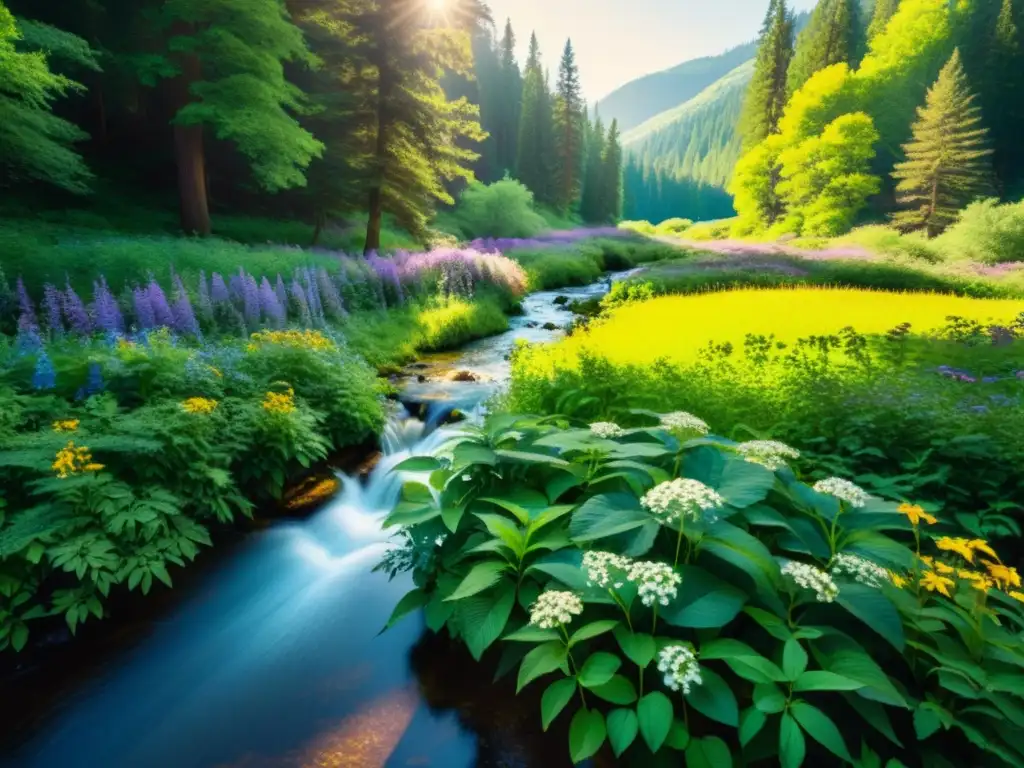 Un bosque exuberante y soleado con un arroyo, flores silvestres y una sensación de armonía con la naturaleza