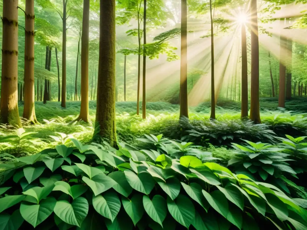 Un bosque exuberante y vibrante con luz solar filtrándose, resaltando hojas verdes