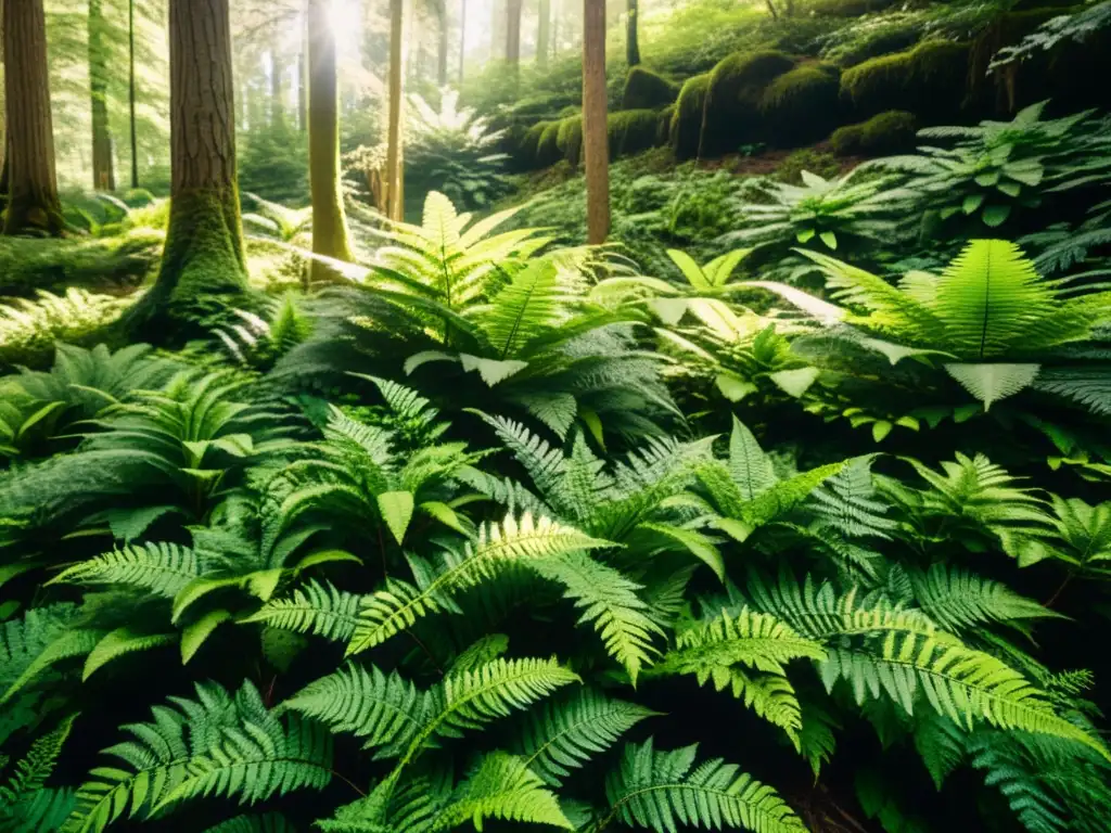 Un bosque exuberante y vibrante con luz solar filtrándose a través de las hojas, creando sombras moteadas en el suelo