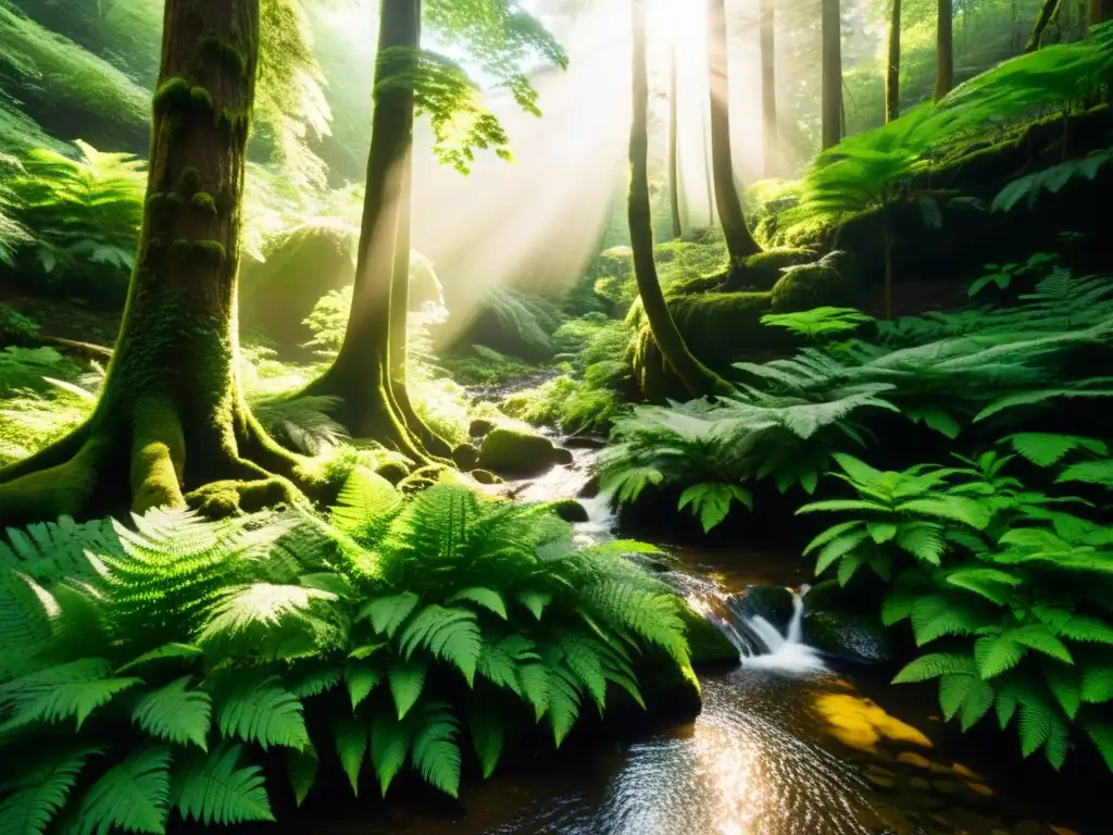 Un bosque exuberante y vintage con luz solar filtrándose a través del dosel, creando sombras moteadas en el suelo