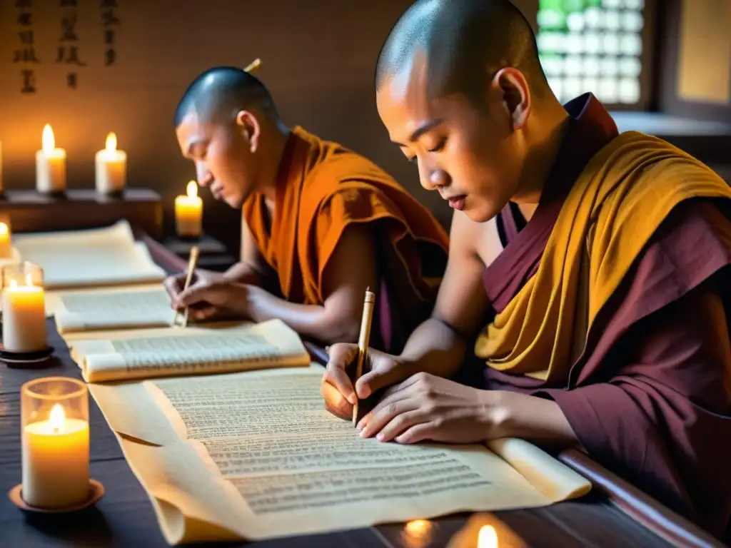 Budistas transcriben textos sagrados en papel, rodeados de luz de velas en un templo antiguo, evocando la evolución religiosa en Asia