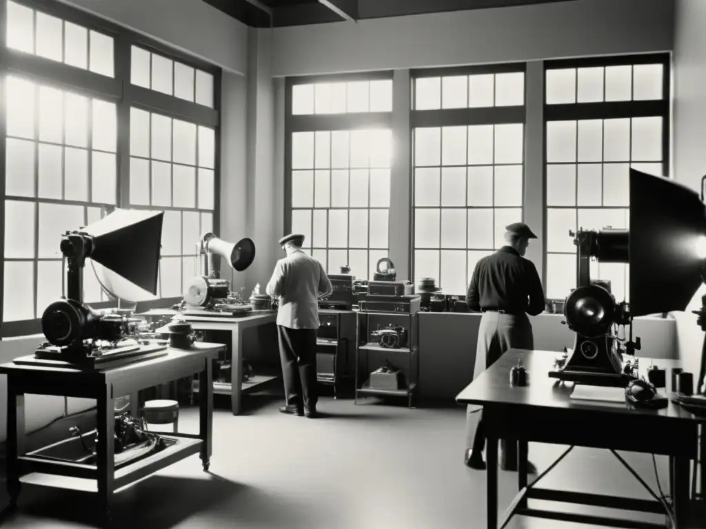 Una bulliciosa fotografía en blanco y negro de un estudio de fotografía del siglo XX