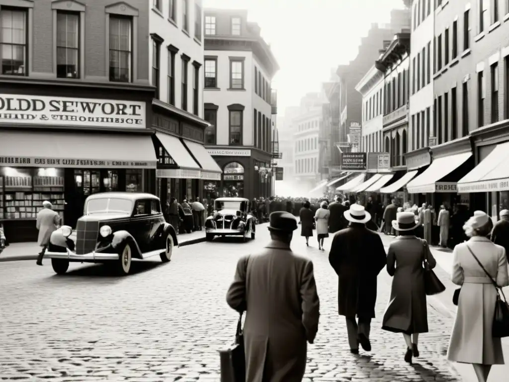 Una bulliciosa calle de la ciudad en blanco y negro, con personas paseando junto a tiendas que exhiben libros y periódicos antiguos