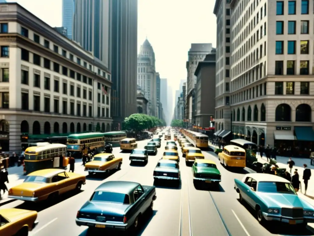 La fotografía sepia muestra una bulliciosa calle de la ciudad con coches, autobuses y peatones, rodeados de altos edificios