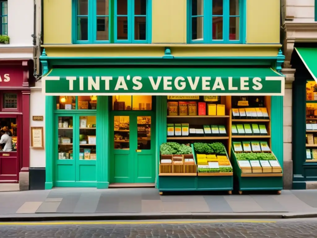 Una bulliciosa calle de la ciudad con tiendas y negocios vintage, destaca una pequeña imprenta con el letrero 'Tintas Vegetales'