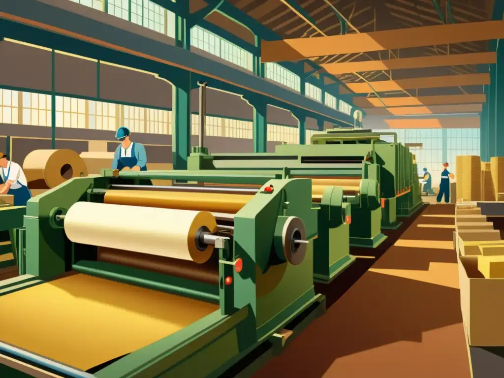 Una ilustración vintage de una bulliciosa fábrica de papel con trabajadores operando maquinaria manualmente, rodeada de pilas de materias primas y productos de papel terminados