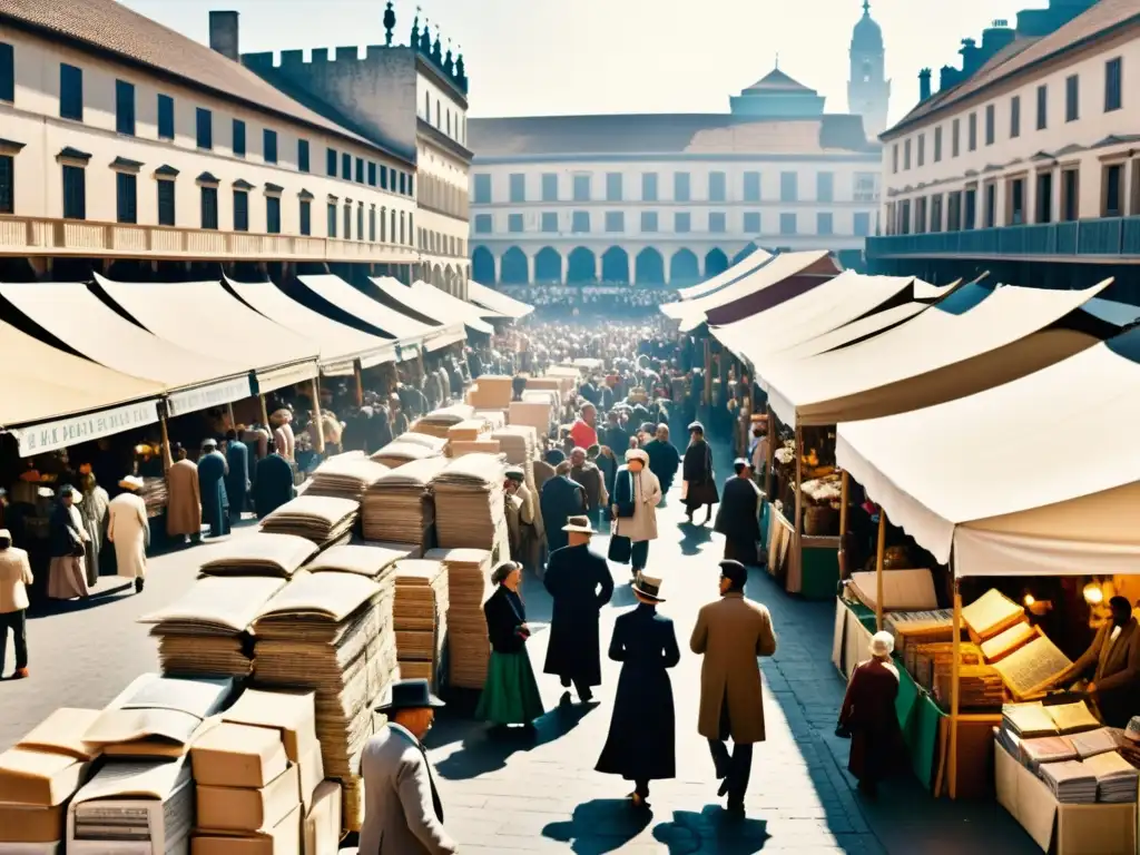 En una bulliciosa feria en una ciudad histórica, personas de diversas culturas intercambian información y conversaciones animadas