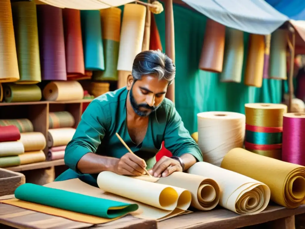 Una bulliciosa feria india con artesanos y productos de papel hechos a mano, reflejando la evolución del papel en India