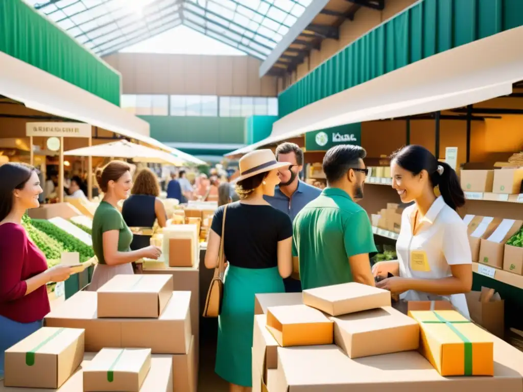 Una bulliciosa feria con marcas líderes exhibiendo productos de papel biodegradable en un ambiente ecoconsciente y vibrante