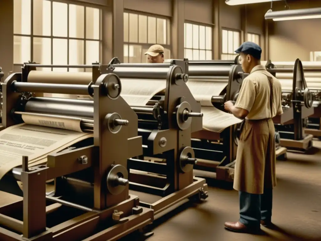 Una fotografía vintage de una bulliciosa imprenta, con trabajadores operando la maquinaria y pilas de periódicos o libros recién impresos en el fondo