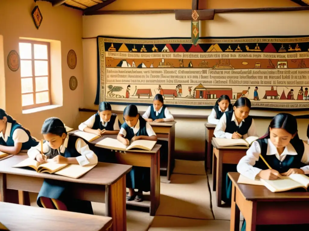 Un bullicioso aula inca llena de estudiantes aprendiendo de maestros, con tapices intrincados y pergaminos en los escritorios