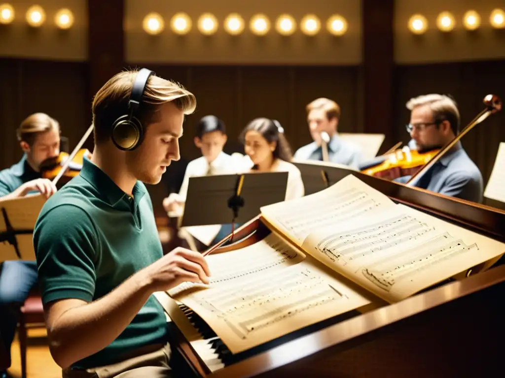 Una fotografía vintage de un bullicioso conservatorio de música, donde músicos intercambian partituras