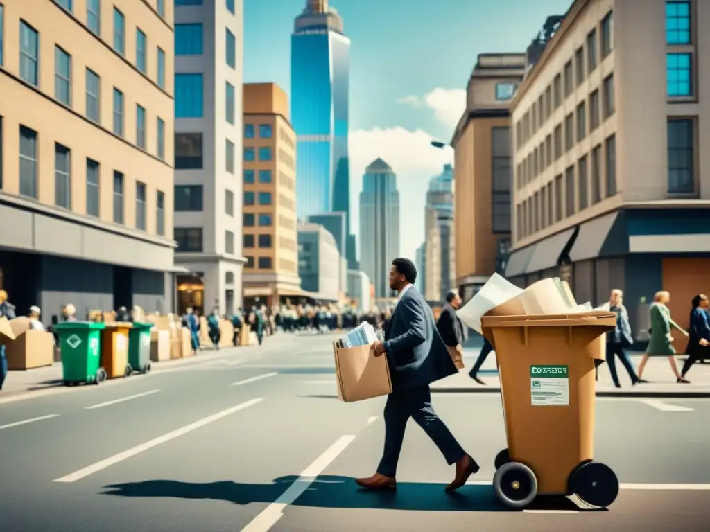 Un bullicioso y encantador paisaje urbano vintage con un gran impacto tecnológico en el reciclaje de papel