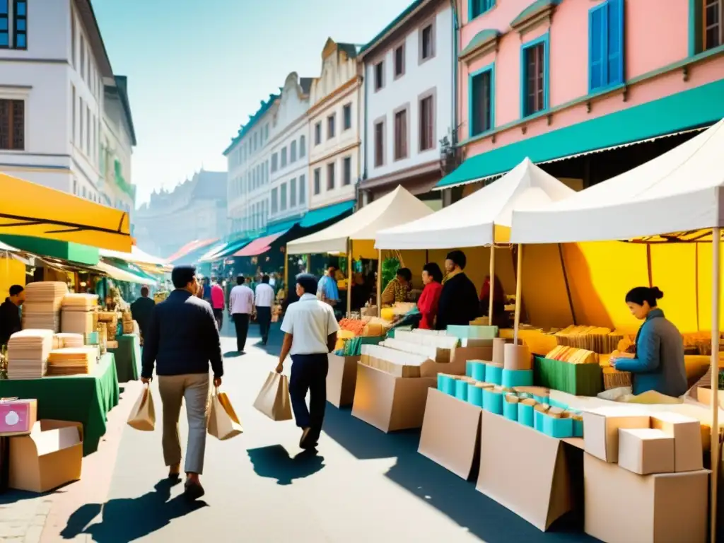 Un bullicioso mercado callejero con productos de papel ecológico, vibrante y sostenible