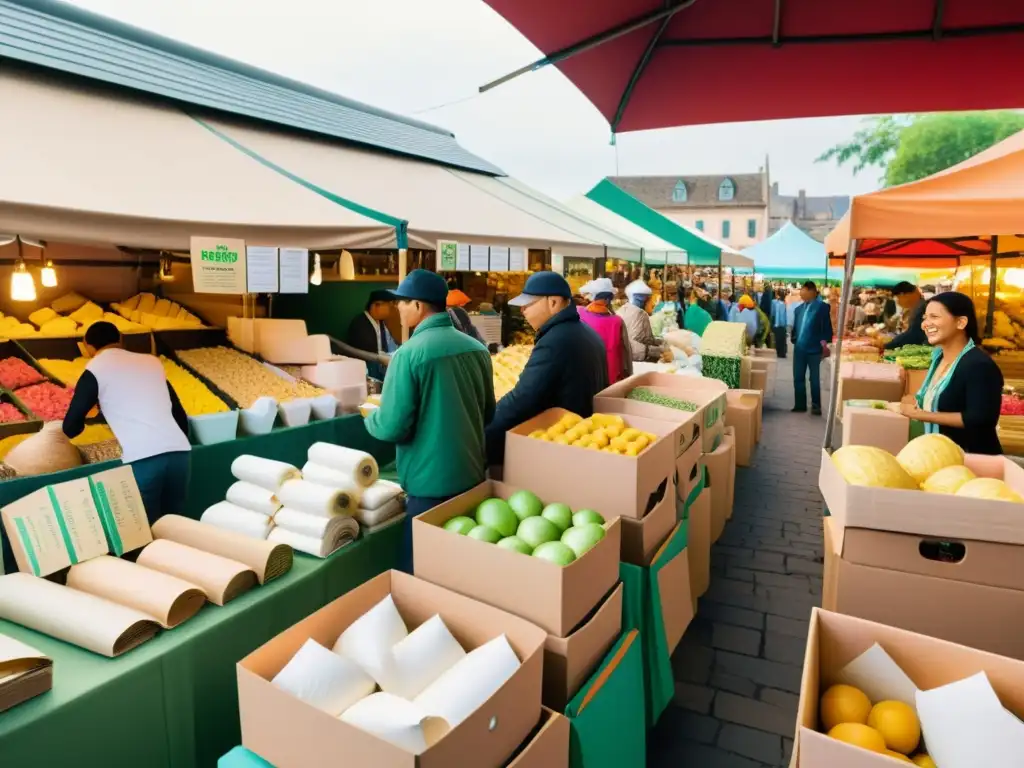 Un bullicioso mercado con productos de papel biodegradable, reflejando la demanda de productos sostenibles