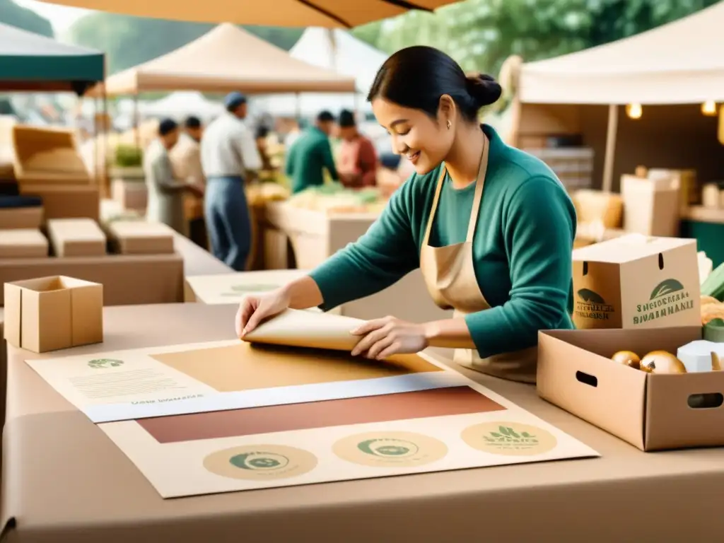 Un bullicioso mercado vintage con vendedores envolviendo productos en papel sostenible