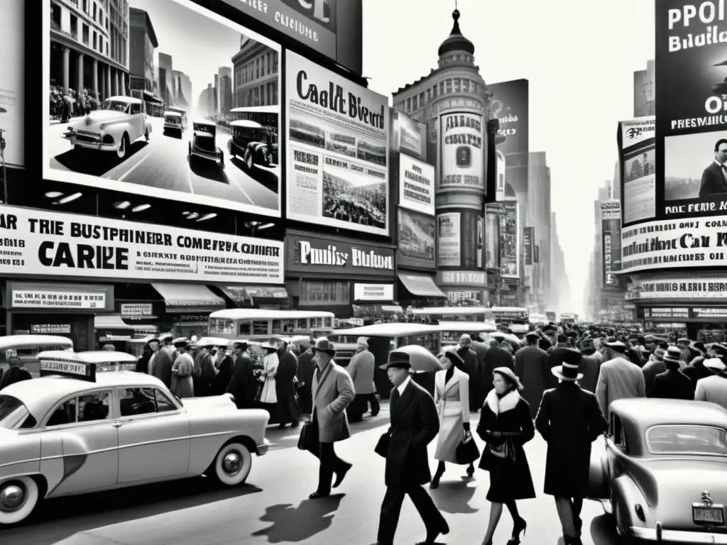 Un bullicioso paisaje urbano en blanco y negro con personas, autos antiguos y grandes vallas publicitarias de periódicos y revistas