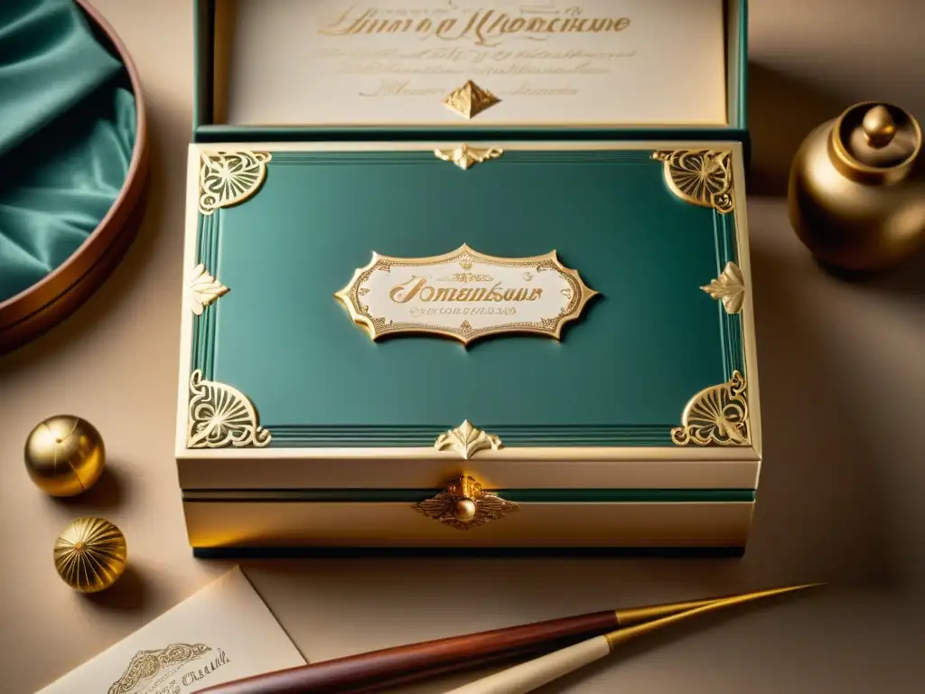 Una caja de embalaje de lujo antigua con detalles ornamentales, patina envejecida y herramientas de caligrafía vintage, evocando la evolución histórica del papel de embalaje de lujo