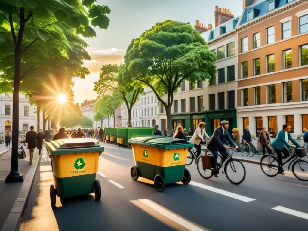 Una calle de la ciudad bulliciosa con peatones y ciclistas rodeada de edificios históricos, árboles y paneles solares