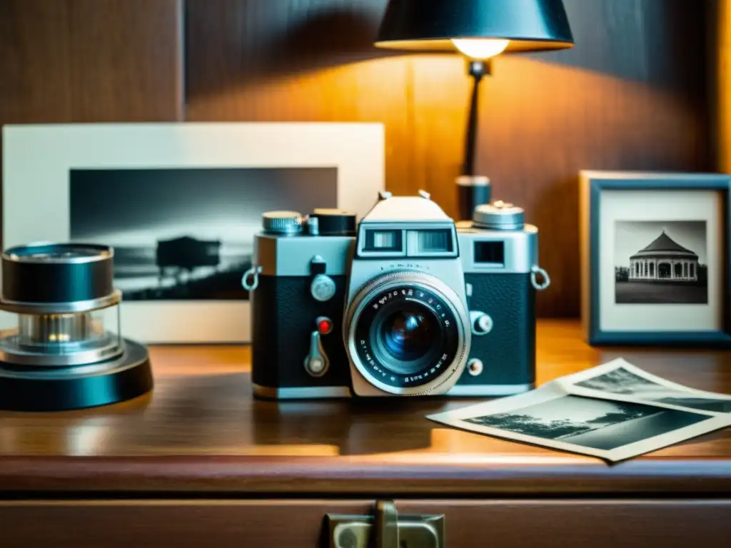 Una cámara vintage en un escritorio de madera con fotografías en blanco y negro, iluminada por una lámpara cálida