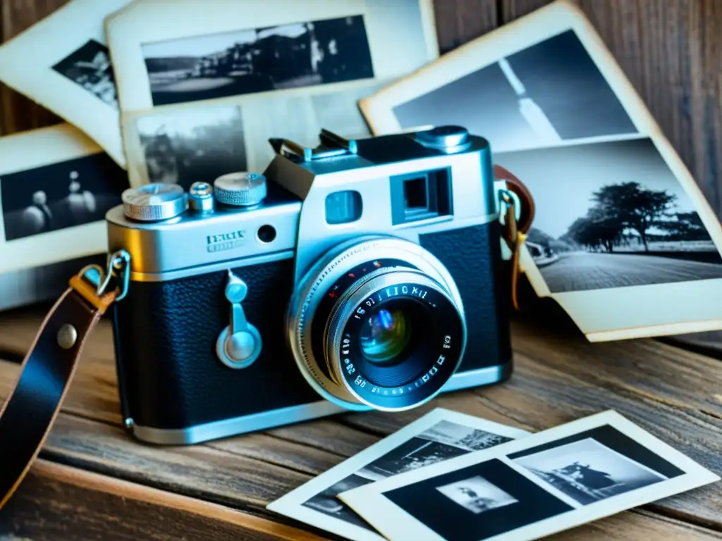 Una cámara vintage descansa sobre una superficie de madera, rodeada de fotografías en sepia que capturan momentos de diferentes épocas