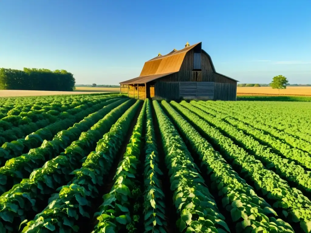 Un campo agrícola exuberante con un granero de madera entre cultivos altos