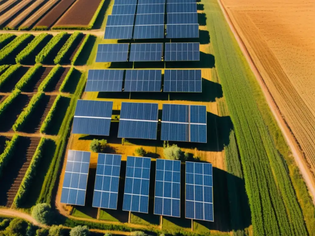 Campo soleado con paneles solares vintage, proyectando largas sombras