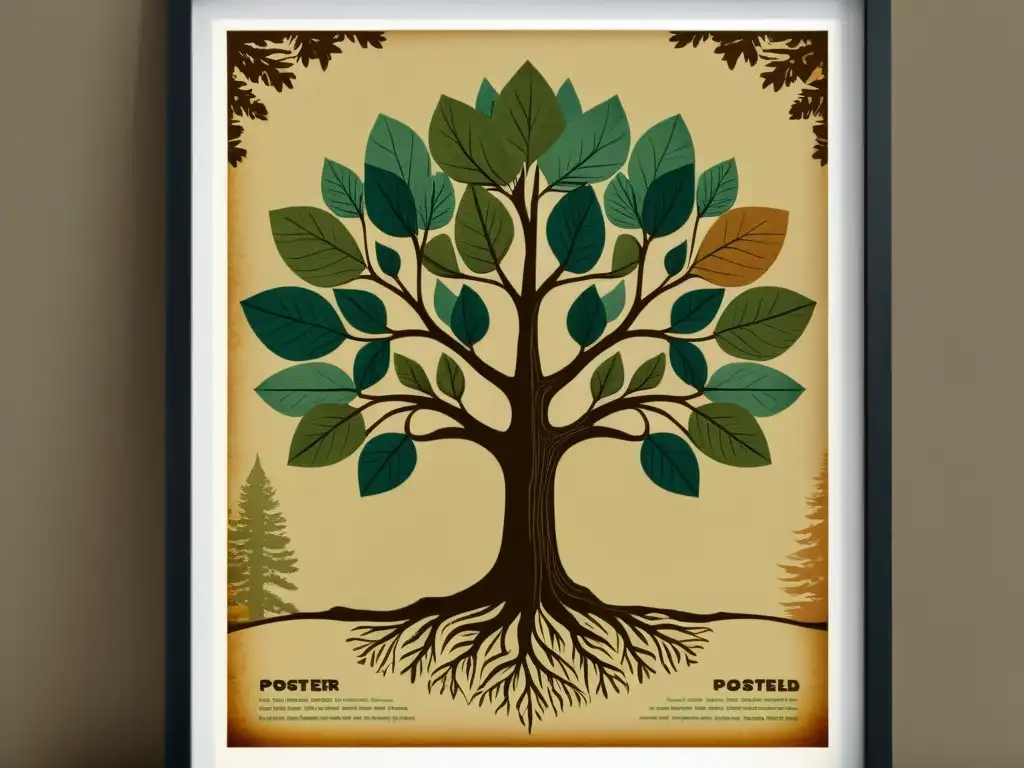 Un cartel vintage de diseño de árbol hecho de papel reciclado, con detalles texturizados en tonos terrosos y un aire nostálgico