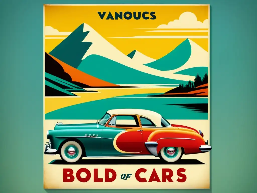 Cartelería vintage diseño gráfico: poster 8k detallado con ilustraciones de autos clásicos, mujeres elegantes y paisajes icónicos de los años 50