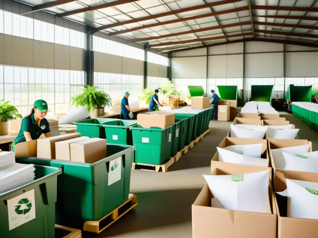 Un centro de reciclaje con trabajadores, maquinaria y papel reciclado, ambiente sostenible y productivo