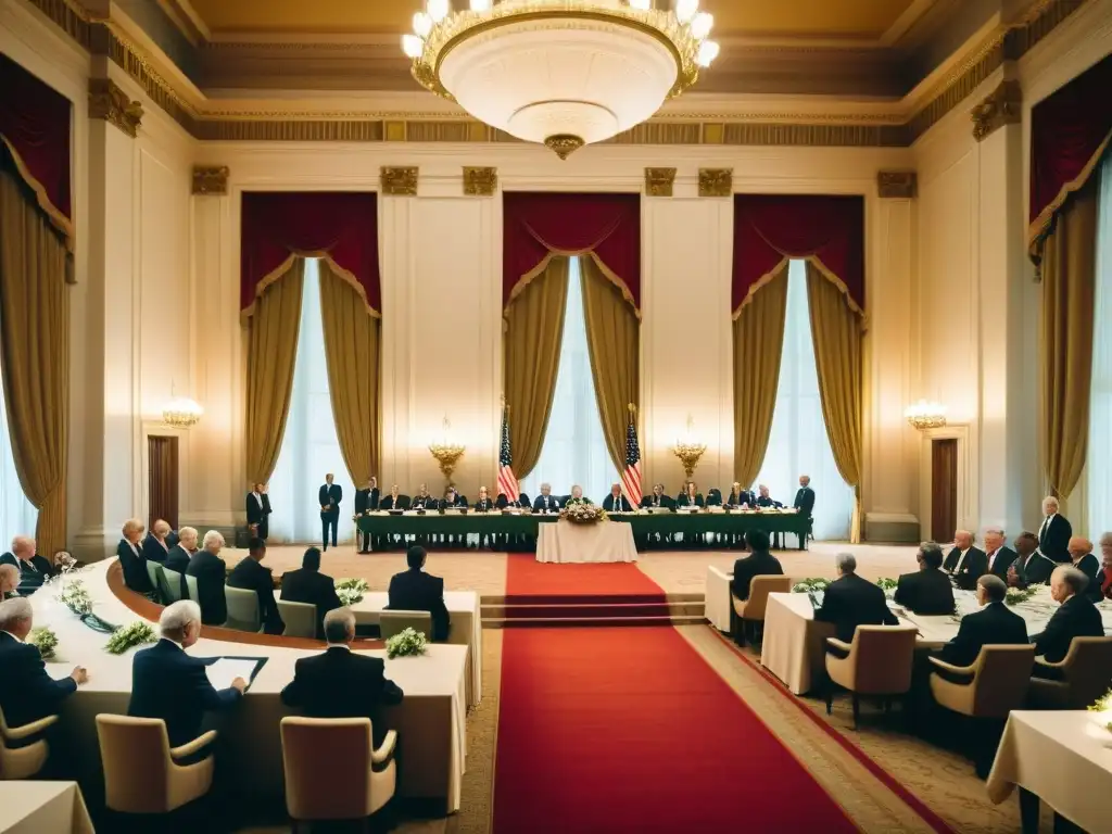 Una ceremonia de firma de tratado internacional en un majestuoso edificio gubernamental, con diplomáticos en trajes formales intercambiando papeles