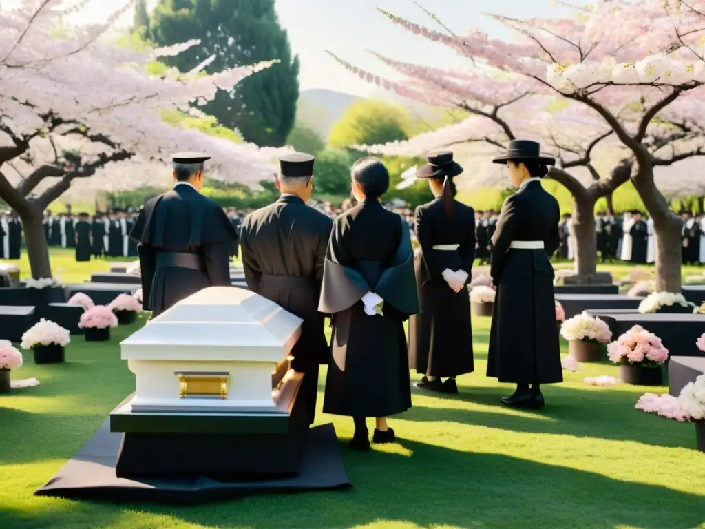 Una ceremonia fúnebre tradicional en un tranquilo jardín, con ofrendas de papel y luto