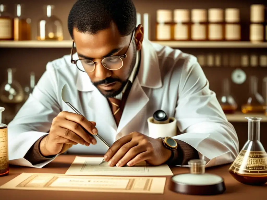 Un científico examina un papel con capacidad de descontaminación en un laboratorio vintage