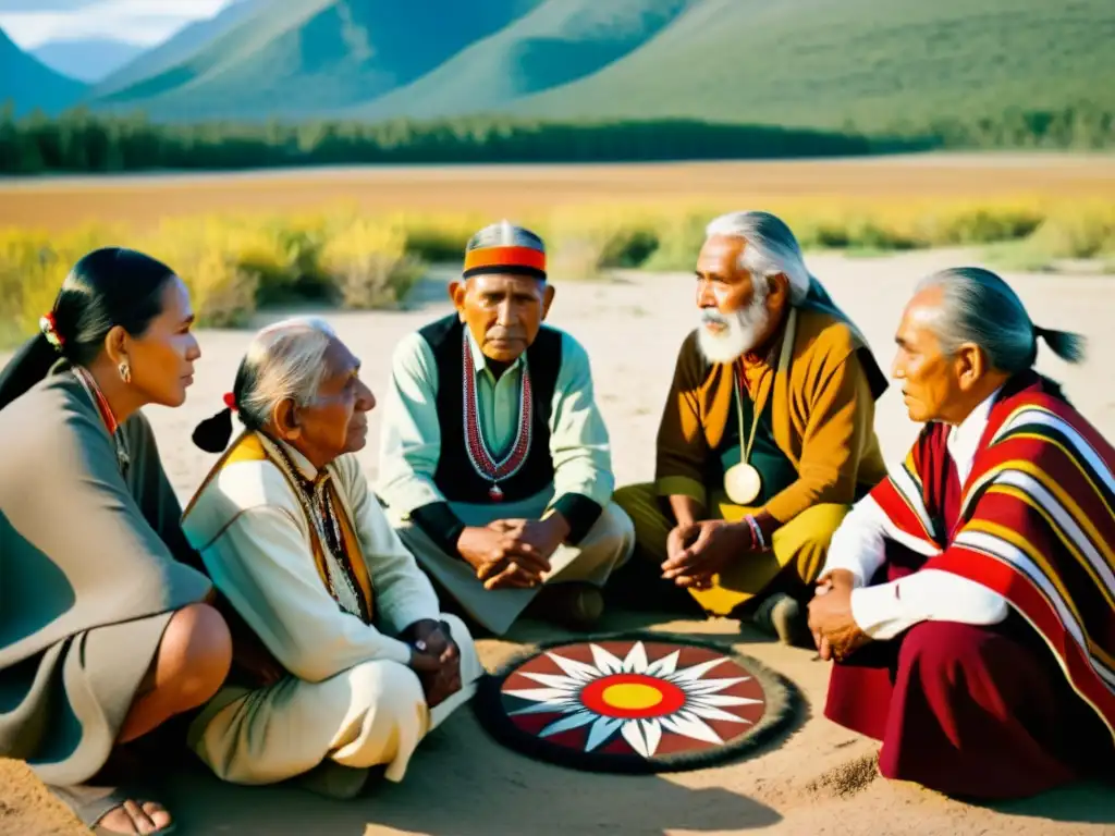 Un círculo de ancianos indígenas conversando, documentando lenguas ancestrales, ataviados con ropa tradicional