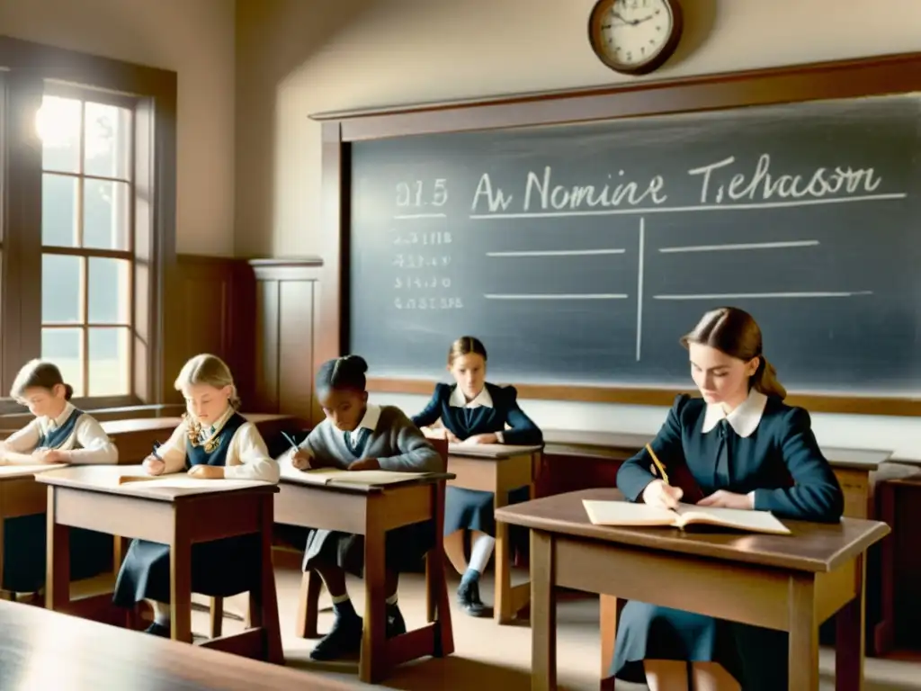 Clase tradicional con estudiantes y maestro, evocando nostalgia y la evolución del papel en la era digital