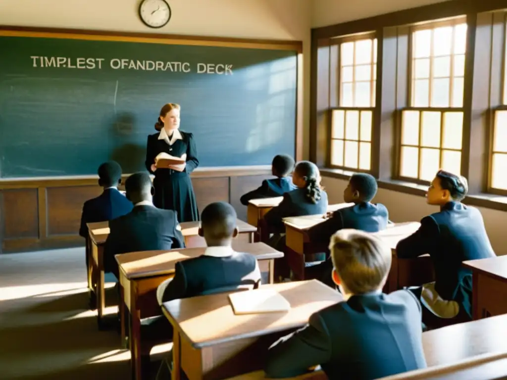 Clase vintage en blanco y negro con estudiantes atentos y profesor, resaltando la importancia del papel en educación