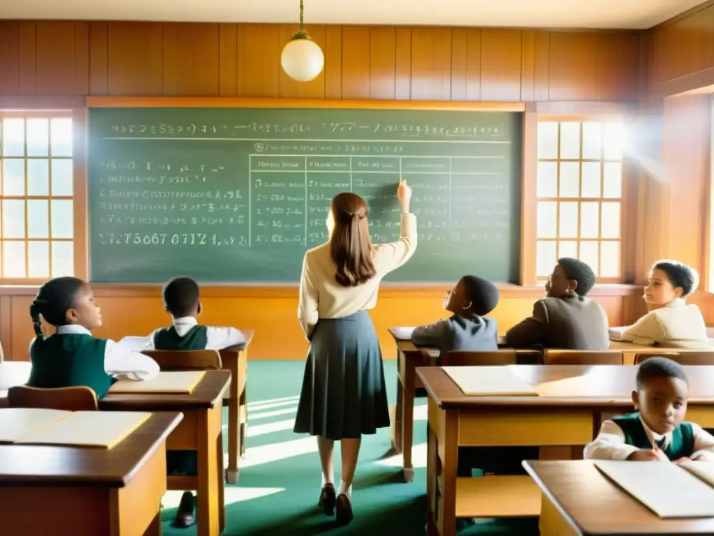 Clase vintage con estudiantes en escritorios de madera, maestro frente a pizarra llena de ecuaciones