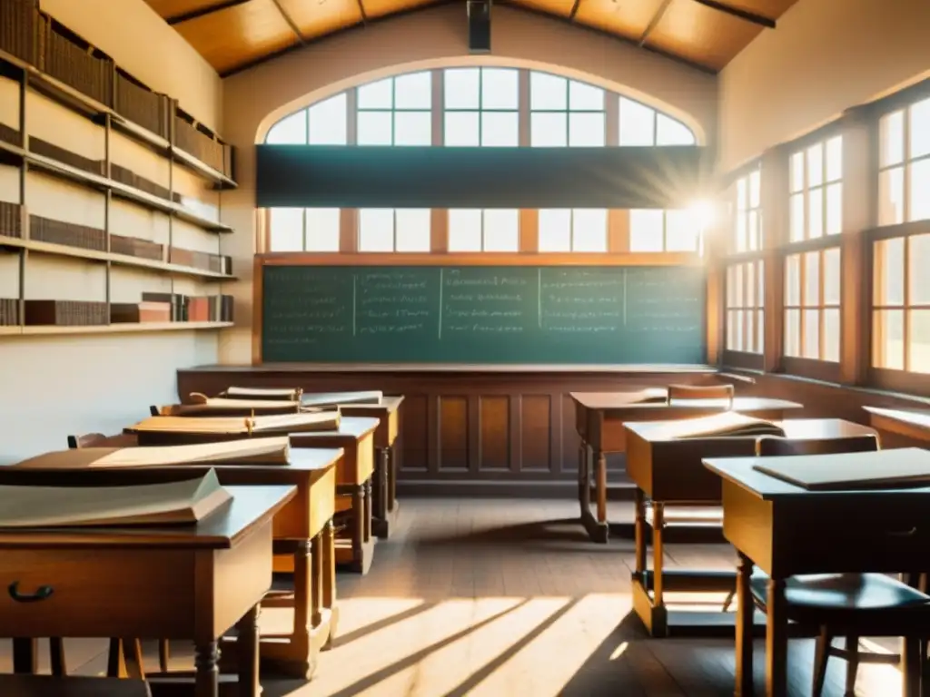 Clase vintage con mobiliario de madera, pizarrón, estantes con libros antiguos y luz dorada