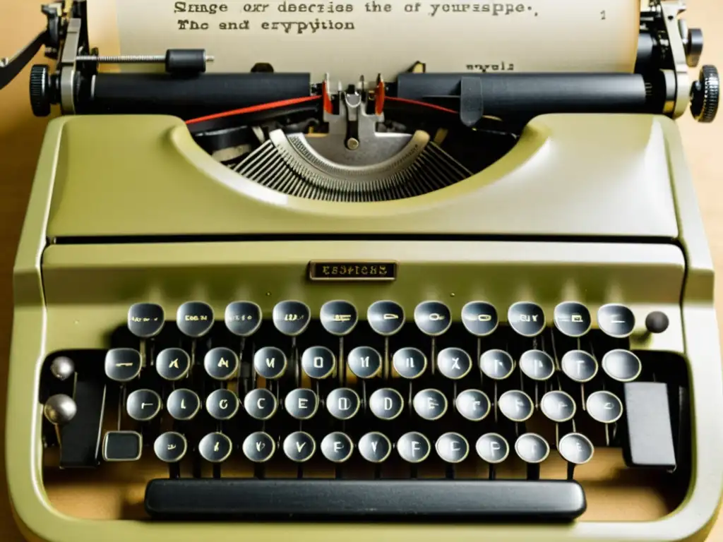 Closeup de una antigua máquina de escribir sobre papel encriptado con notas y símbolos, evocando conflictos bélicos históricos