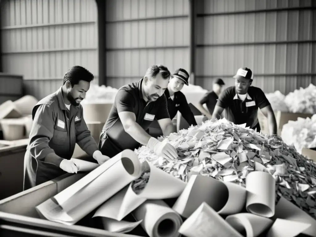 Colaboración de industrias en reciclaje de papel: trabajadores de diversas áreas clasificando papel en una planta de reciclaje, con atmósfera vintage